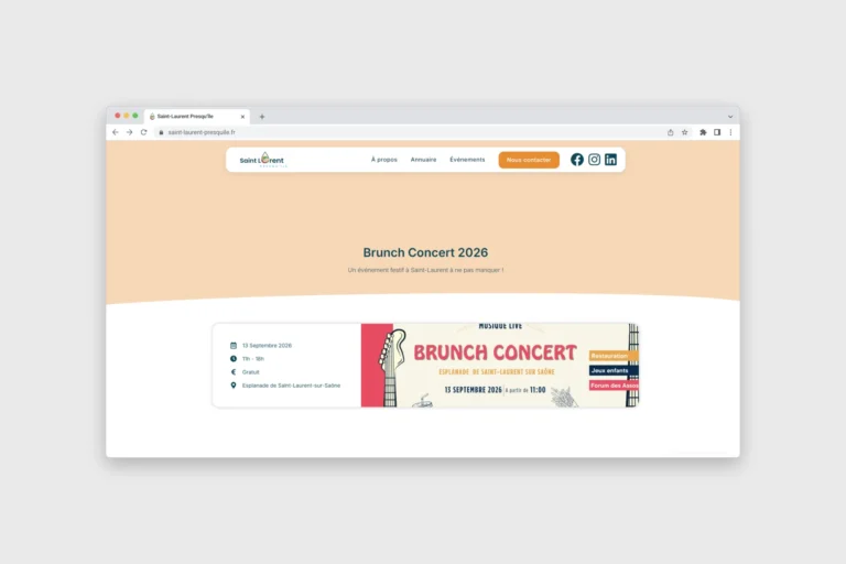 Site web de Saint-Laurent-du-Pont annonçant un "Brunch Concert 2026" le 15 septembre, gratuit, à l'Esplanade de Saint-Laurent-sur-Saône.