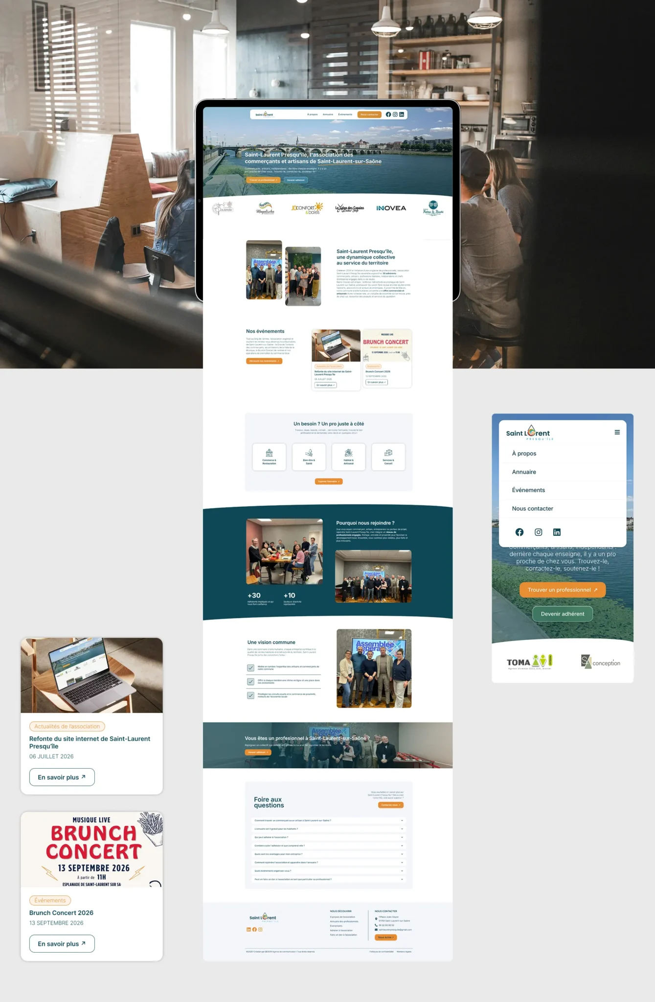 Capture d'écran d'un site web présentant des informations sur une association, des événements et des professionnels locaux.