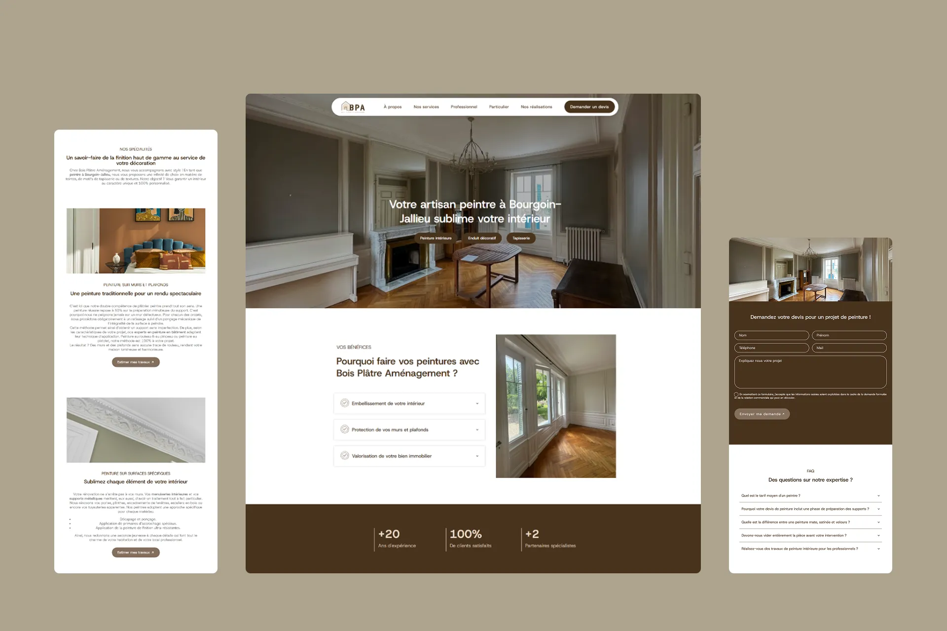 Site web d'un artisan peintre, montrant un salon rénové, des services et un formulaire de contact.