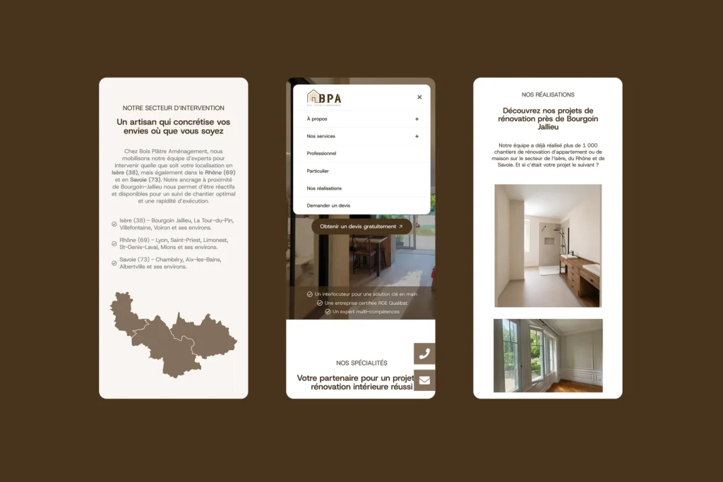 Trois interface mobiles du site internet d'un artisan d'intérieur : secteur d'intervention avec carte, détails des services sur mobile, et réalisations de rénovation.