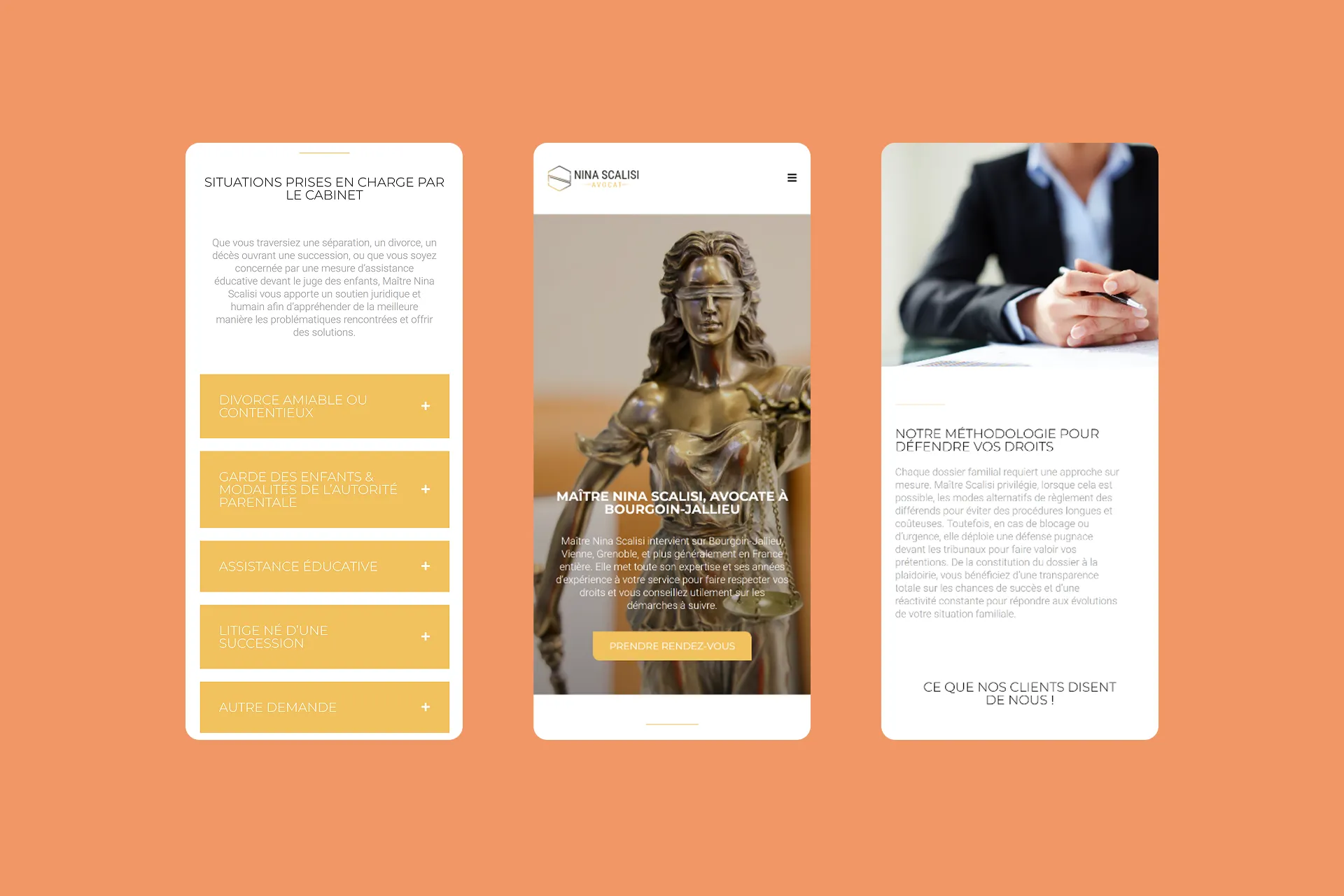 Trois écrans affichant le site web d'un avocat : liste des situations prises en charge, portrait de l'avocate et méthodologie du cabinet.